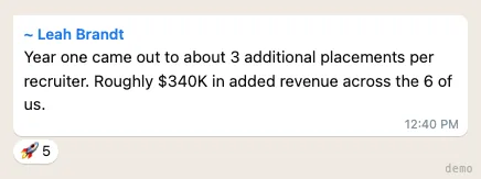 Leah Brandt — additional placements and first-year revenue