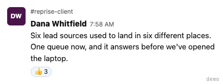 Dana Whitfield — six lead sources connected in one queue