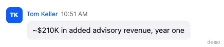 Tom Keller — first-year advisory revenue