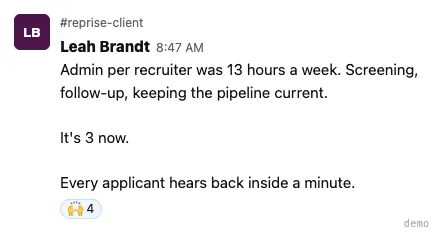 Leah Brandt — recruiter admin reduced from 13 hours to 3